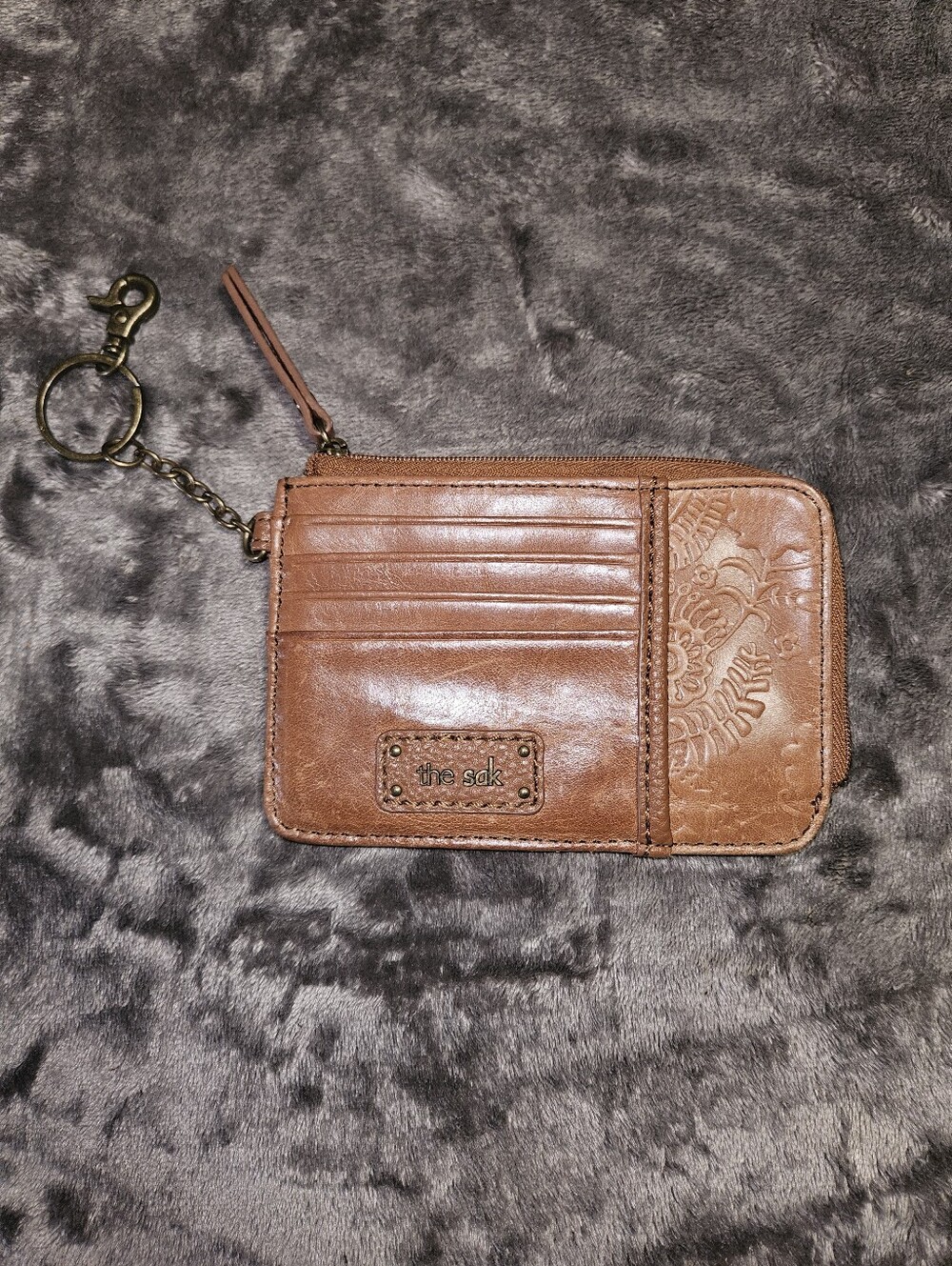 The Sak Iris Embossed Brown Leather Card Wallet with Keychain 4x6 Boho Accessory